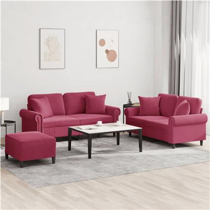 vidaXL 3 pcs conjunto de sofás com almofadas veludo vermelho-tinto