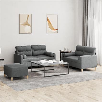 vidaXL 3 pcs conjunto de sofás com almofadas tecido cinzento-escuro