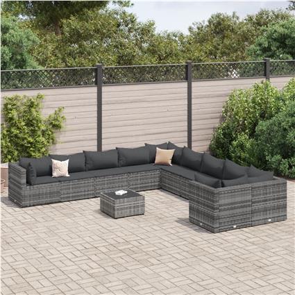 vidaXL 11 pcs conjunto sofás de jardim c/ almofadões vime PE cinzento