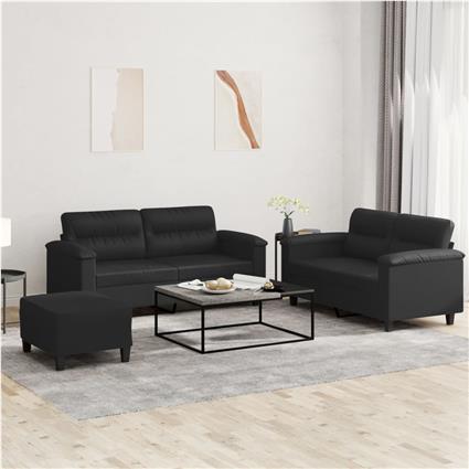 vidaXL 3 pcs conjunto de sofás com almofadões couro artificial preto
