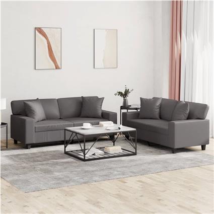 vidaXL 2 pcs conjunto de sofás com almofadas couro artificial cinzento