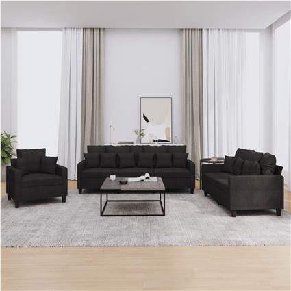 vidaXL 3 pcs conjunto de sofás com almofadas tecido preto