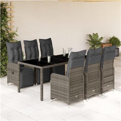 vidaXL 7 pcs conjunto bistrô de jardim c/ almofadões vime PE cinza