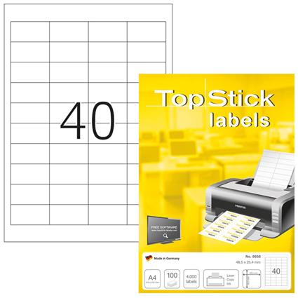 TOPSTICK Etiquetas Multiusos para Impressoras Laser e Jato de Tinta, 40 Etiquetas por Folha, 48,5 x 25,4 mm, Branco, 100 Folhas
