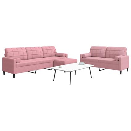 vidaXL 3 pcs conjunto de sofás com almofadões e rolos veludo rosa