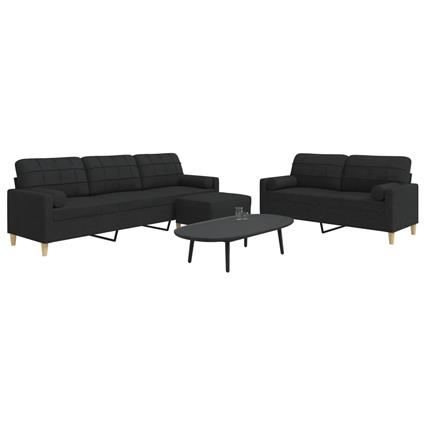 vidaXL 3 pcs conjunto de sofás c/ almofadas/apoio pés tecido preto