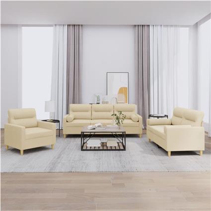 vidaXL 3 pcs conjunto de sofás com almofadas tecido cor creme