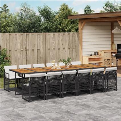 vidaXL 13 pcs conjunto de jantar p/jardim com almofadões vime PE preto