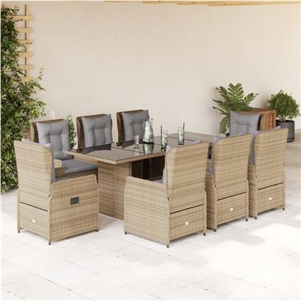 vidaXL 9 pcs conjunto de jantar p/ jardim com almofadões vime PE bege