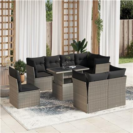 vidaXL 9 pcs conj. sofás jardim com almofadões vime PE cinzento-claro