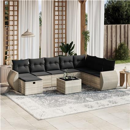 vidaXL 9 pcs conj. sofás jardim com almofadões vime PE cinzento-claro