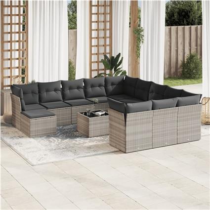 vidaXL 13 pcs conj. sofás jardim c/ almofadões vime PE cinzento-claro