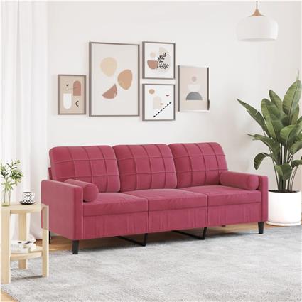 vidaXL Sofá 3 lug. + almofadas decorativas 180cm veludo vermelho tinto
