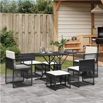 vidaXL 7 pcs conjunto de jantar p/ jardim c/ almofadões vime PE preto