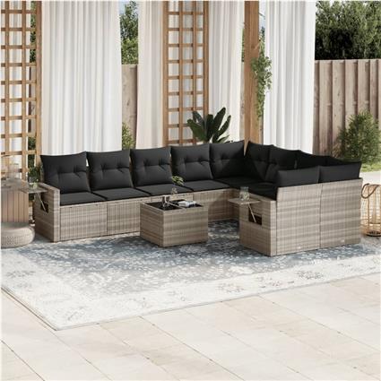 vidaXL 10 pcs conj. sofás jardim com almofadões vime PE cinzento-claro
