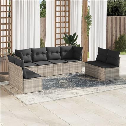 vidaXL 8 pcs conj. sofás jardim c/ almofadões vime PE cinzento-claro