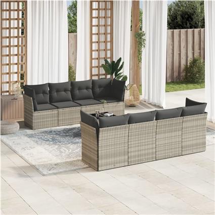 vidaXL 9 pcs conj. sofás jardim com almofadões vime PE cinzento-claro