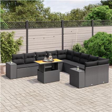 vidaXL 11 pcs conjunto sofás de jardim c/ almofadões vime PE preto
