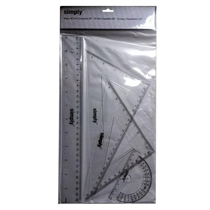 SIMPLY Conjunto Régua 30 cm, Esquadro 45º - 16 cm, Esquadro 60º - 23 cm e Transferidor 180º - 10 cm, Transparente