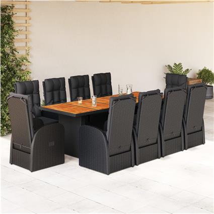 vidaXL 11 pcs conjunto de jantar p/ jardim c/ almofadões vime PE preto