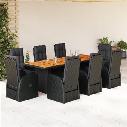 vidaXL 9 pcs conjunto de jantar p/ jardim c/ almofadões vime PE preto