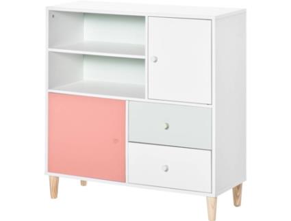 HOMCOM Móvel Infantil Cómoda para Crianças com 2 Compartimentos 2 Gavetas e 2 Armários para Armazenamento de Livros Brinquedos Roupa 80x30x85cm Coral Verde Menta Branco