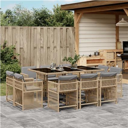 vidaXL 11 pcs conj. jantar jardim c/ almofadões vime PE bege misturado