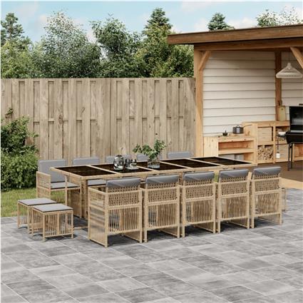 vidaXL 15 pcs conj. jantar jardim c/ almofadões vime PE bege misturado