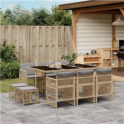 vidaXL 11 pcs conj. jantar jardim c/ almofadões vime PE bege misturado