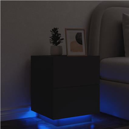 vidaXL Mesa de cabeceira com luzes LED derivados de madeira preto