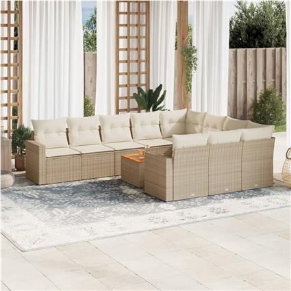vidaXL 11 pcs conjunto sofás de jardim c/ almofadões vime PE bege