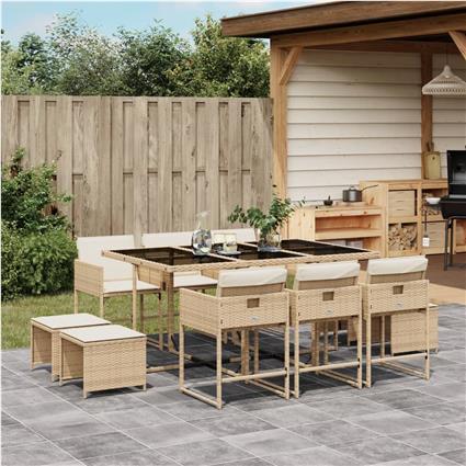 vidaXL 11 pcs conjunto de jantar p/ jardim com almofadões vime PE bege