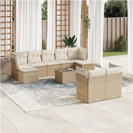 vidaXL 10 pcs conjunto de sofás p/ jardim com almofadões vime PE bege