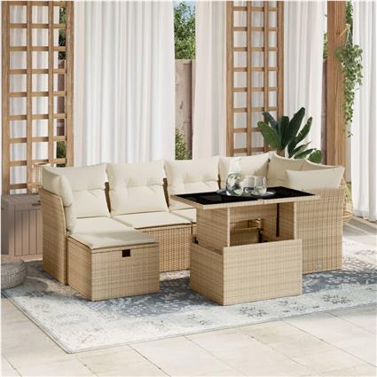 vidaXL 7 pcs conjunto de sofás p/ jardim com almofadões vime PE bege