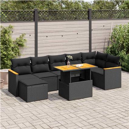 vidaXL 8 pcs conjunto sofás jardim com almofadões vime PE/acácia preto