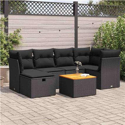 vidaXL 7 pcs conjunto de sofás p/ jardim c/ almofadões vime PE preto