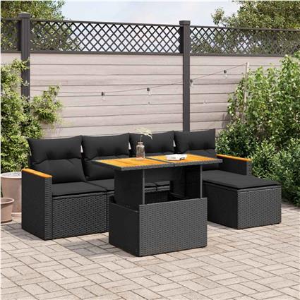 vidaXL 6 pcs conjunto sofás jardim c/ almofadões vime PE/acácia preto