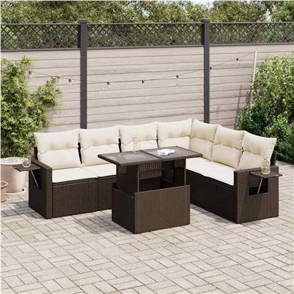 vidaXL 7 pcs conjunto de sofás jardim c/ almofadões vime PE castanho