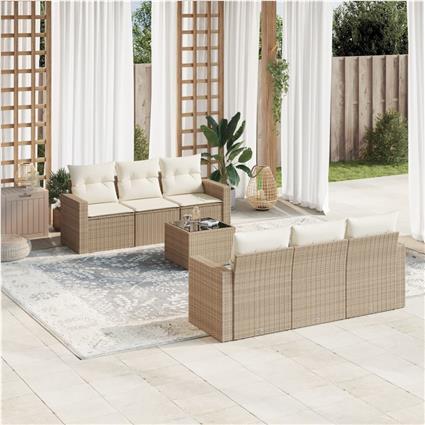 vidaXL 7 pcs conjunto de sofás p/ jardim com almofadões vime PE bege