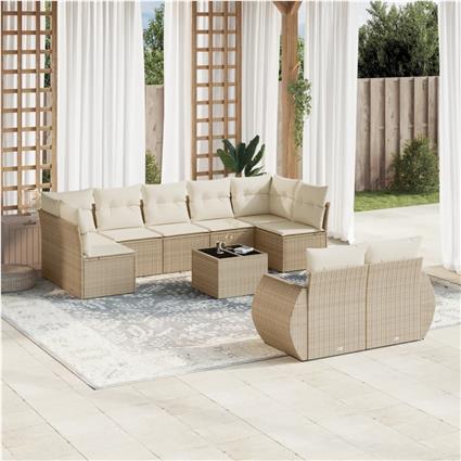 vidaXL 10 pcs conjunto de sofás p/ jardim com almofadões vime PE bege