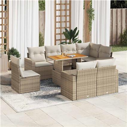 vidaXL 9 pcs conjunto de sofás p/ jardim com almofadões vime PE bege