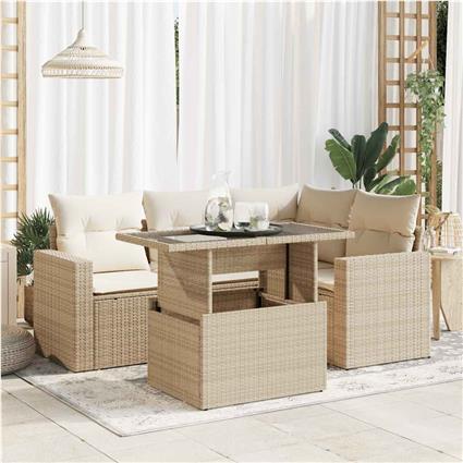 vidaXL 5 pcs conjunto de sofás p/ jardim com almofadões vime PE bege