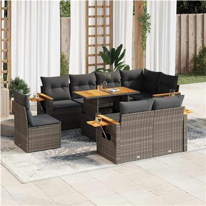 vidaXL 9 pcs conjunto sofás jardim almofadões vime PE/acácia cinzento