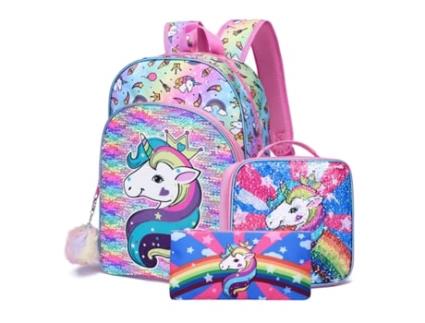 Conjunto FEGAR 2 de 3 Lindas Mochilas Escolares de Desenho Animado Sereia para Meninas com Lancheira