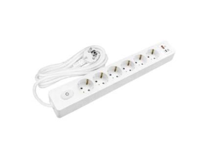 Multiplicador SELDUR G6Th52B 6 Tomadas Tipo F + Interruptor Usb A+C Carregamento Rápido 20W Branco Cabo 5M