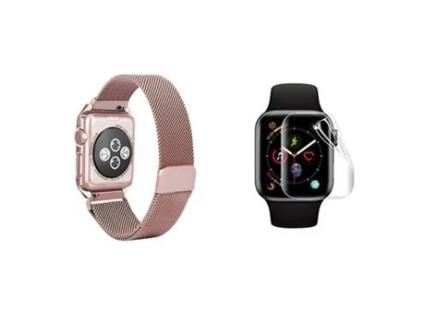 Kit Pulseira Bracelete Milanese Loop Fecho Magnético Película de Gel Full Cover Apple Watch Series 4 40Mm ATYULNM Rosa