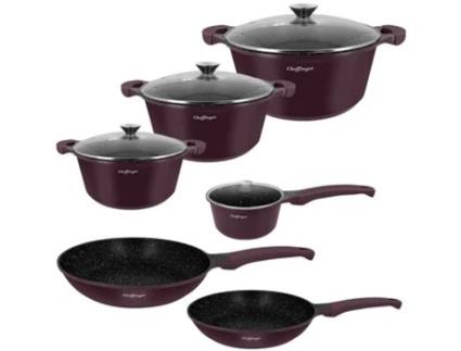 CHEFFINGER Conjunto de Cozinha 10 Peças 3 Caçarolas/2 Frigideiras/1 Panela com Alça Soft-Touch Violeta Escuro