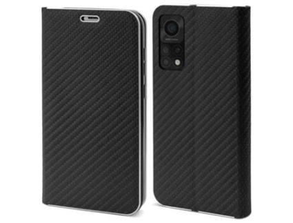 Capa Carteira MOOZY para Xiaomi Mi 10T 5G e Mi 10T Pro 5G Carbono Preto – Proteção de Borda Metálica com Fecho Magnético e Suporte para Cartão