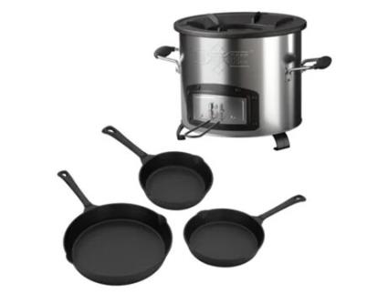 Fogão de Campismo em Aço Inoxidável com 3 Panelas de Ferro BBQ#BOSS