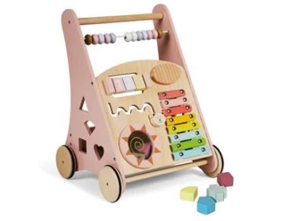 Montessori Andador de Bebê de Madeira Carrinho de Passeio para Primeiros Passos com Brinquedos e Atividades 12 Meses Laponia/Rosa BUDDY BABY